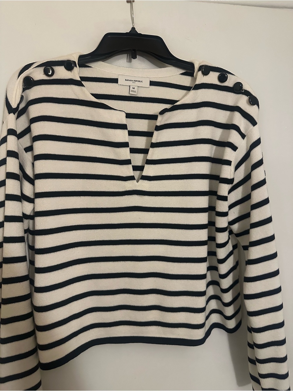 Banana Republic Navy and Cream Striped Button-Shoulder Pullover